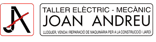 Logotip del Taller Elèctric-Mecànic Joan Andreu, especialitzat en lloguer, venda i reparació de maquinària per a la construcció i jardí.